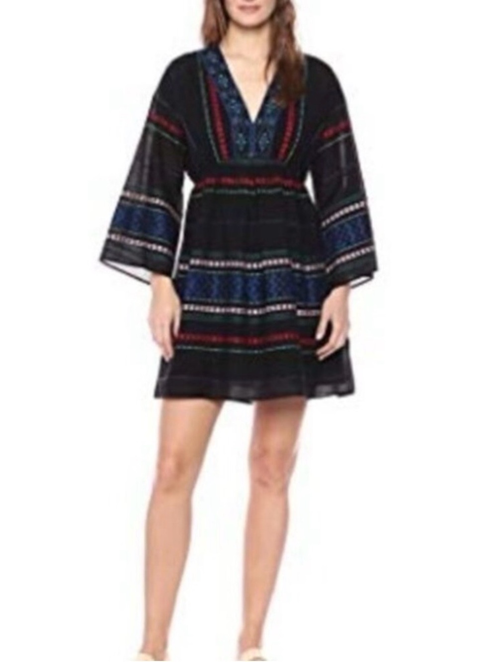 Joie Shada Embroidered Boho Mini Dress Black Multicolor Size M